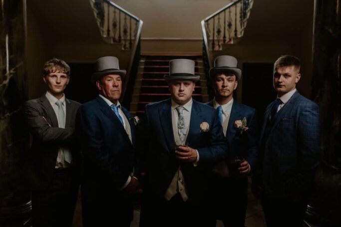 Herringbone Tails Navy Suit On Groom & Groomsmen